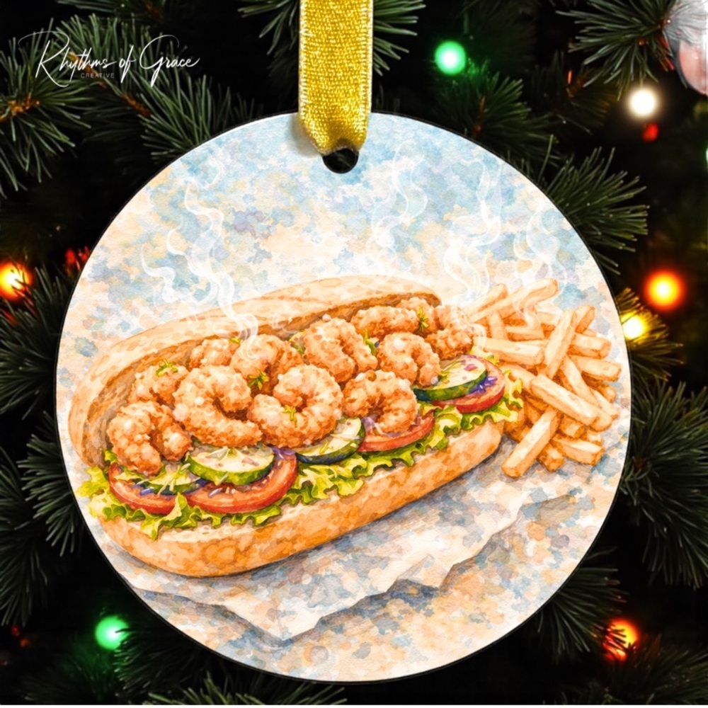New Orleans Shrimp Po’boy Christmas Ornament, Louisiana Food Decor, Personalized